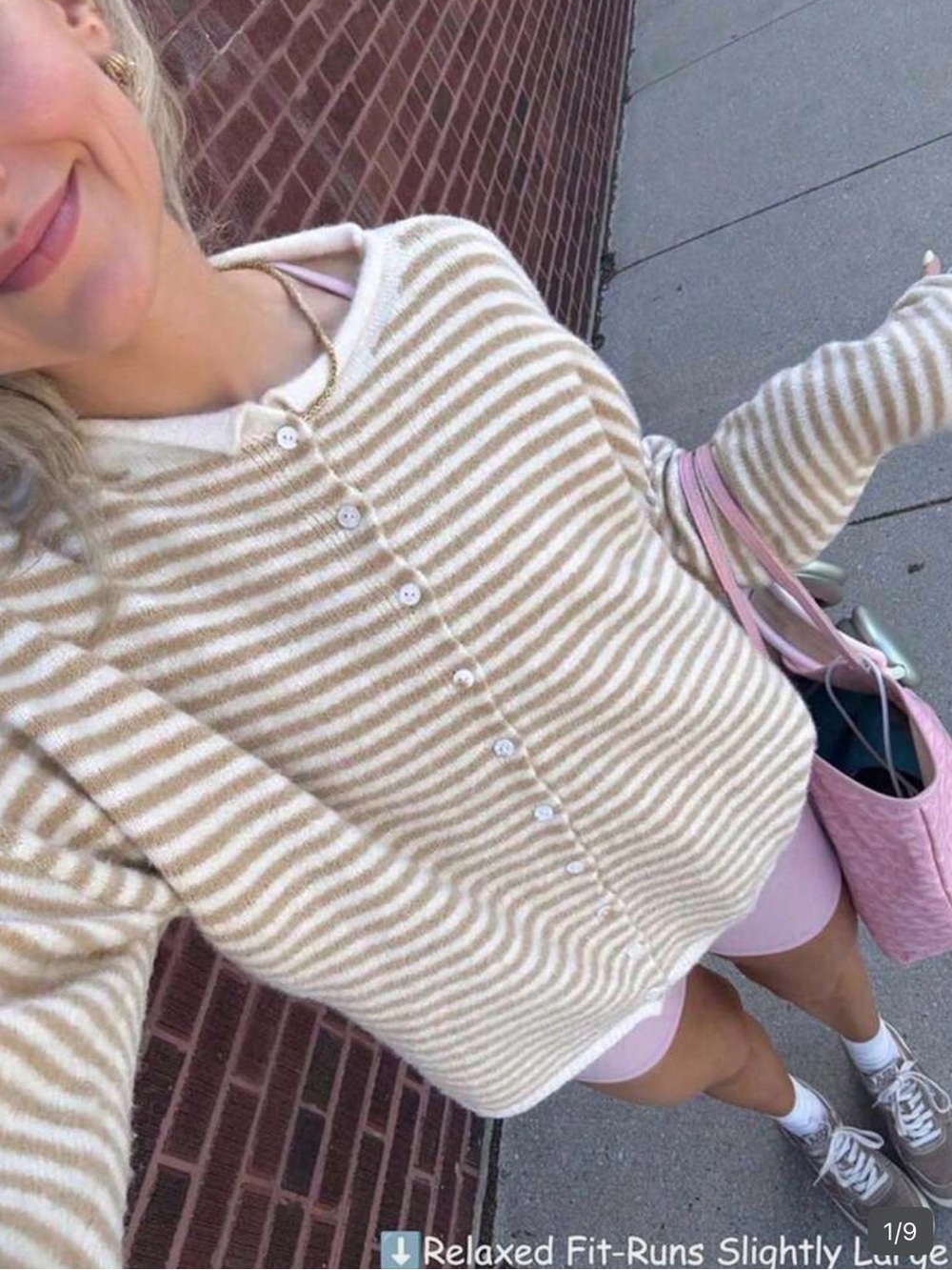 Beige and White Striped Button-Up Women's Sweater
